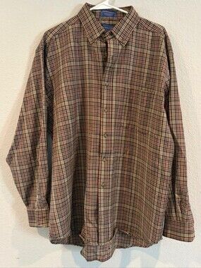 Pendleton Vintage Mens 100% Pure Virgin Wool Tan Brown Plaid Pocket Shirt Size L